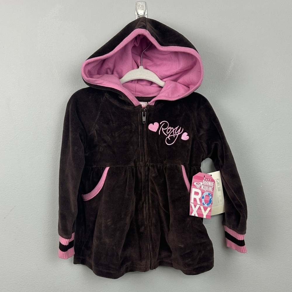 NWT Roxy Toddler Girl Teenie Wahine Brown and Pink Velour Hoodie Jacket Sz 2T